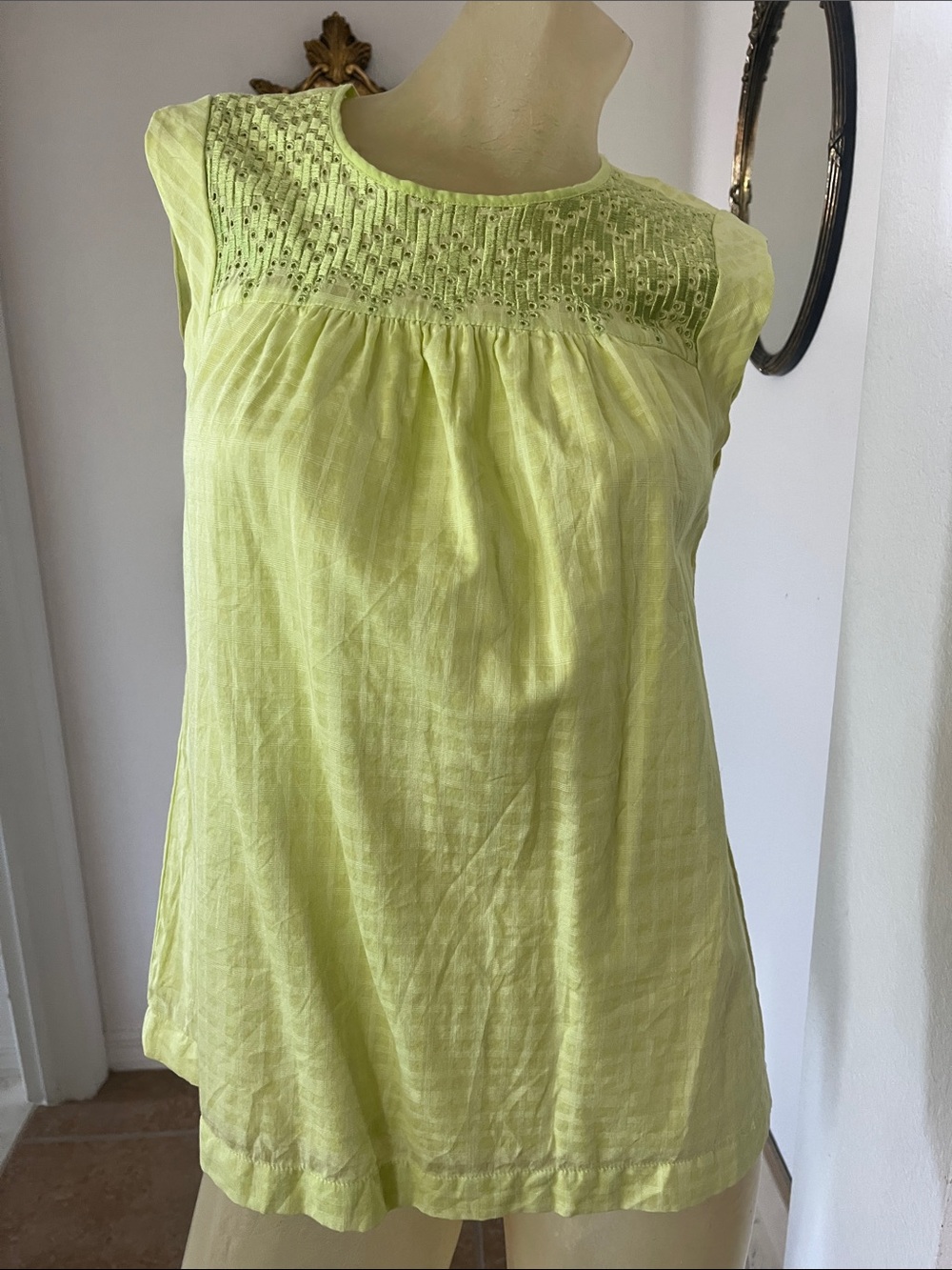 J. Crew Light Lime Embroidered Yoke Sleeveless Top